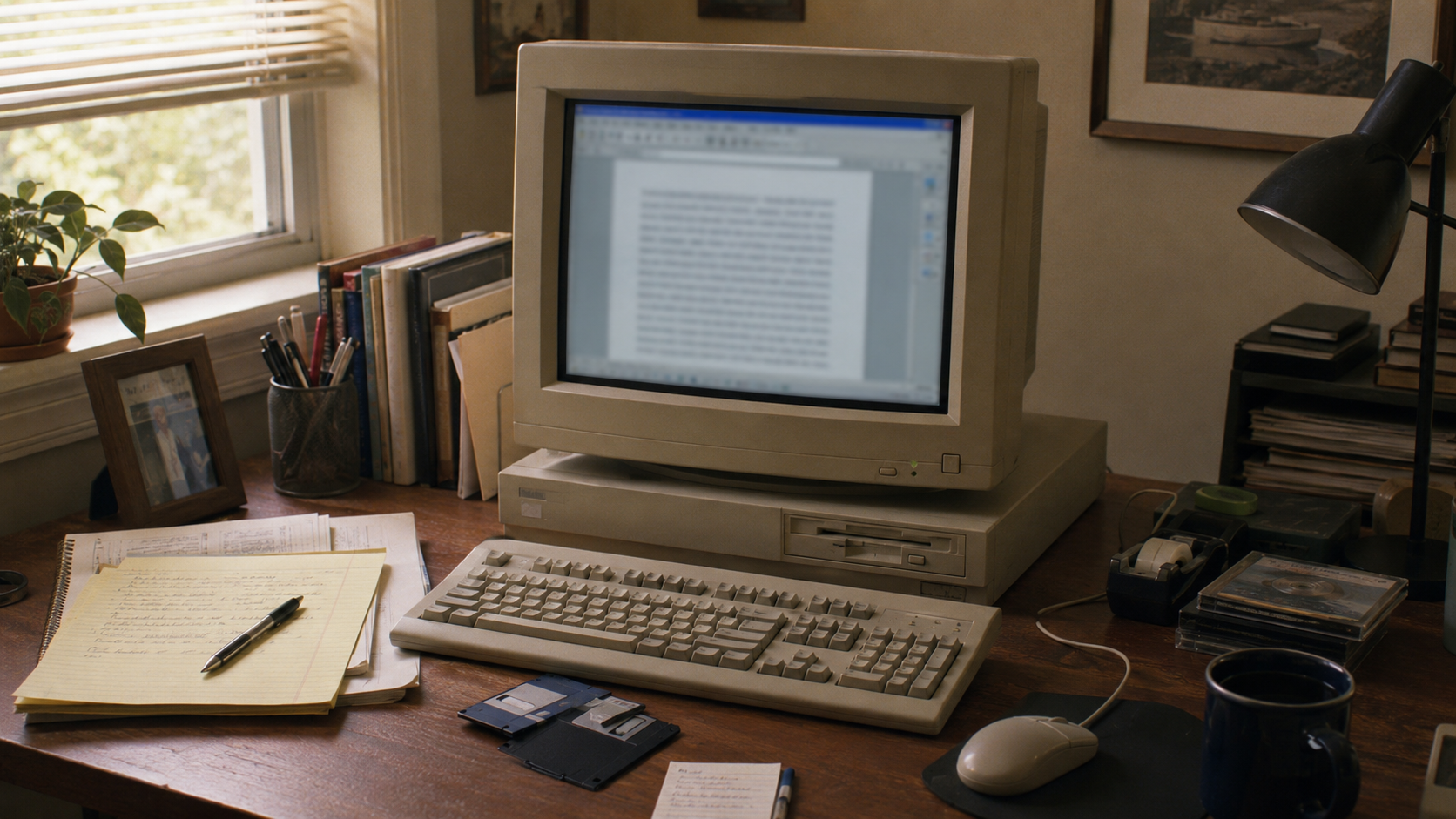 Poste informatique des annees 1990 avec un ecran de traitement de texte allume sur un bureau en bois.