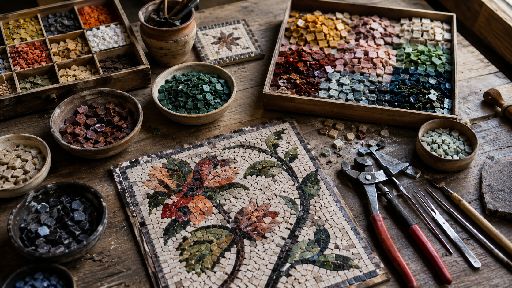 Table d'atelier de mosaique avec tesselles, nippeurs et panneau en cours de realisation