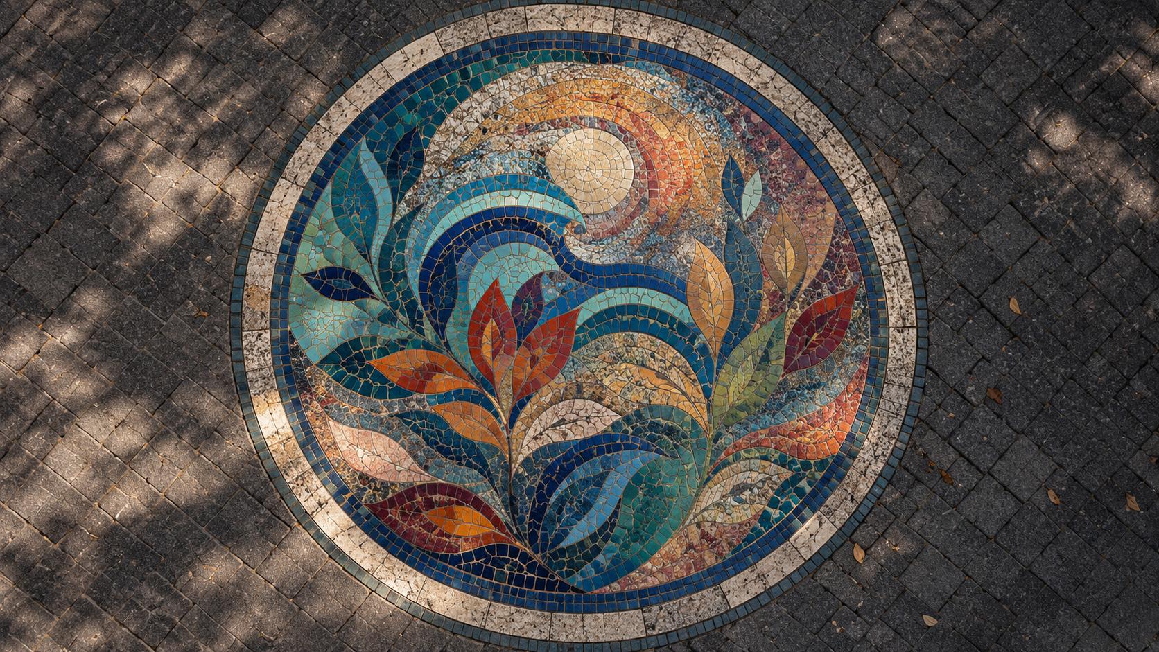 Mosaique circulaire coloree incrustee dans un chemin de parc londonien