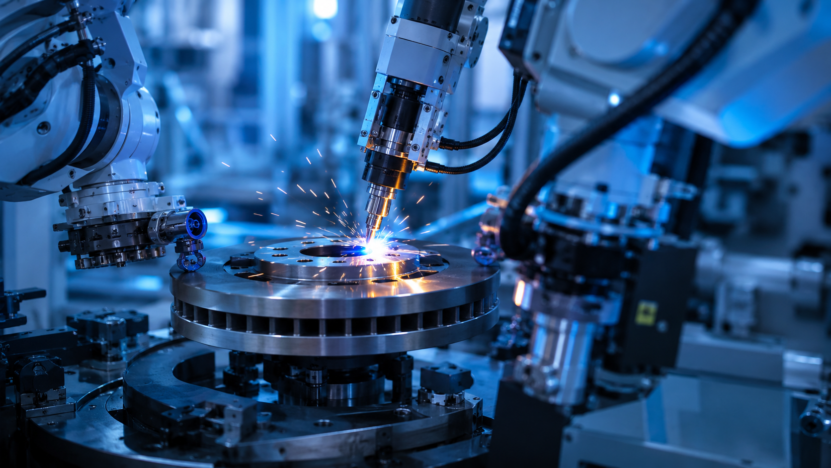 Poste d'assemblage robotisé soudant au laser un composant de moteur électrique en forme de disque