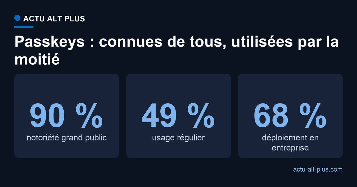 Passkeys en 2026 : 90 % de notoriété, 49 % d'usage régulier, 68 % de déploiement en entreprise