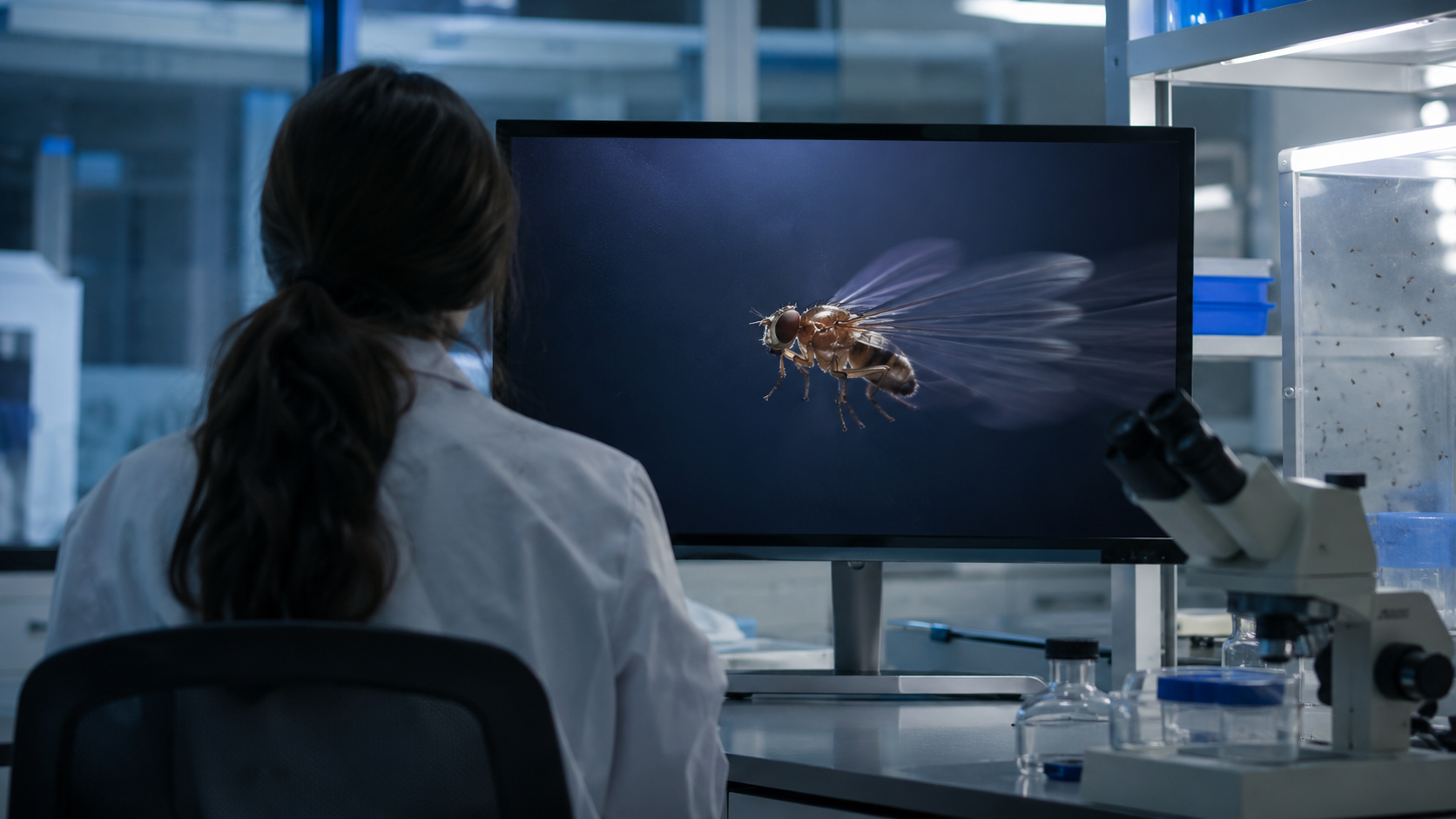 Chercheur en neurobiologie observant une drosophile en vol sur un ecran de laboratoire