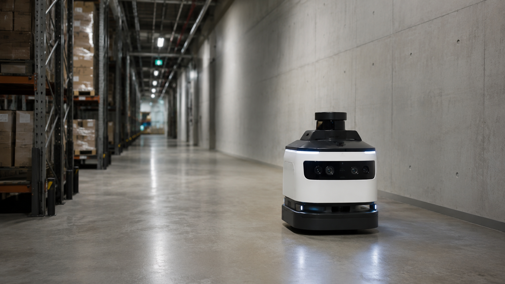 Robot autonome compact naviguant dans un entrepot, illustrant l'application des principes de vision bio-inspiree
