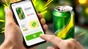 Une main tenant un smartphone qui affiche une boutique en ligne avec une canette de soda à prix très bas