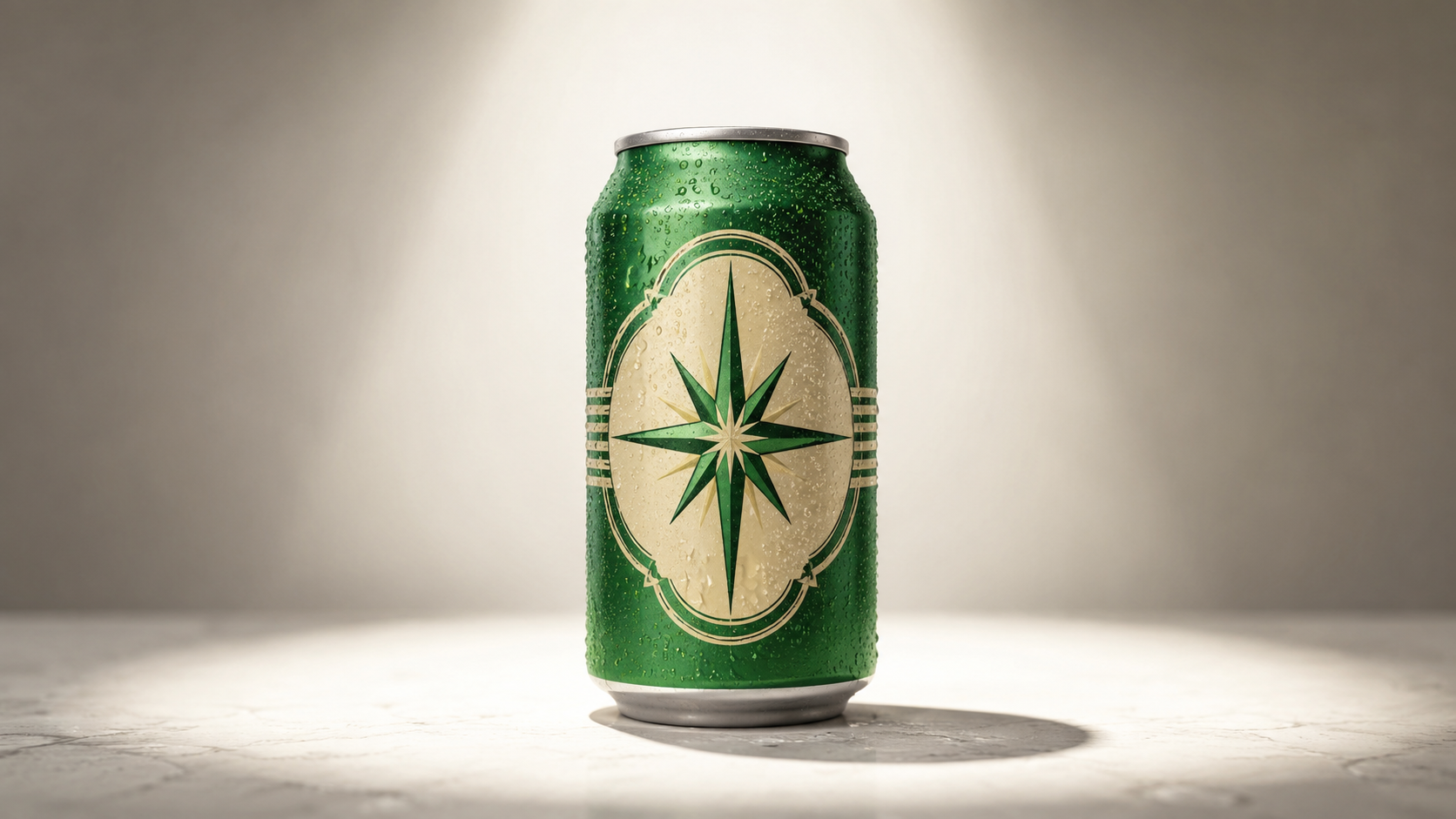Une canette de soda verte au style rétro posée seule sous un projecteur