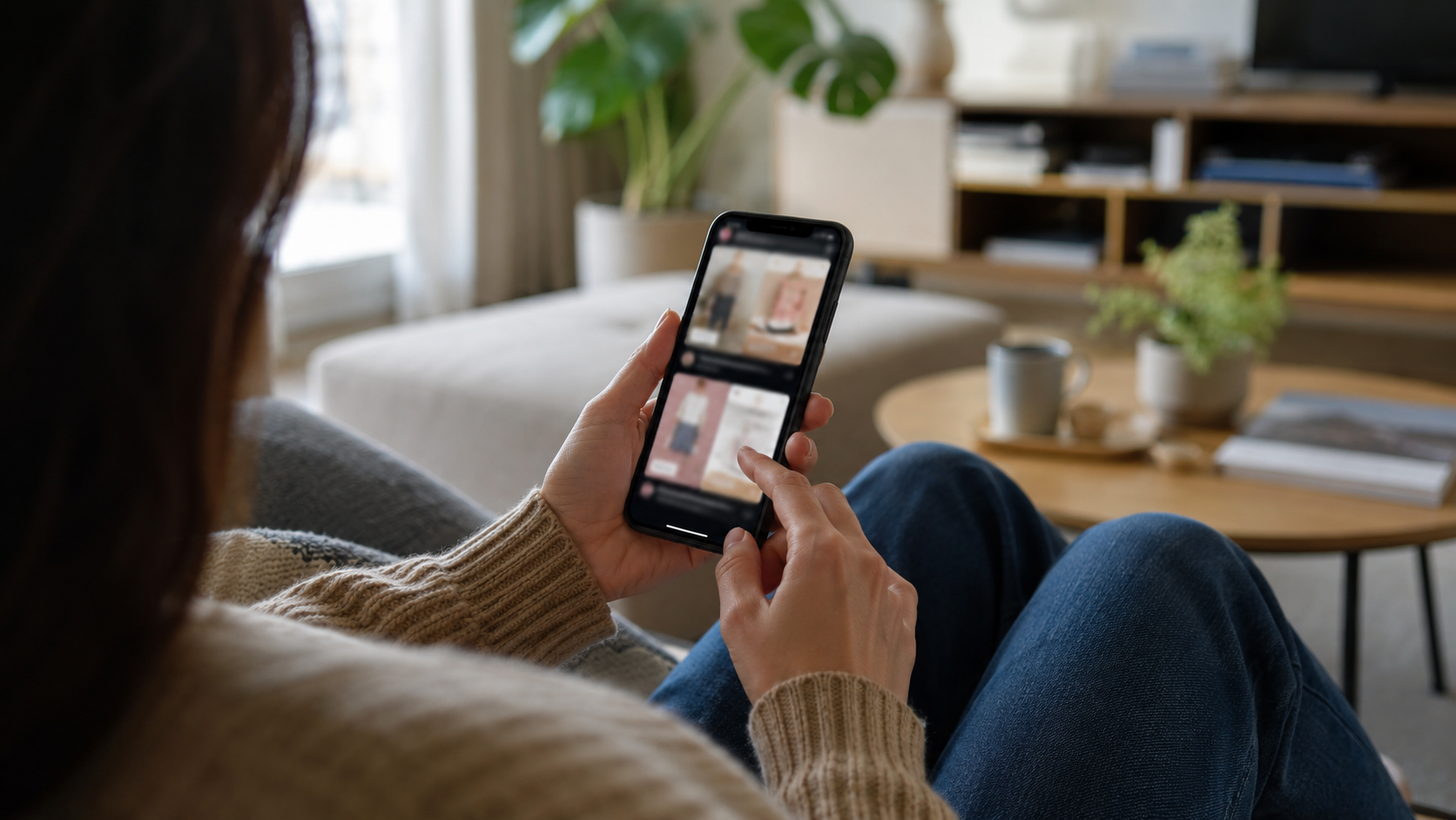 Une personne fait défiler un fil de vidéos marchandes sur son téléphone dans un salon
