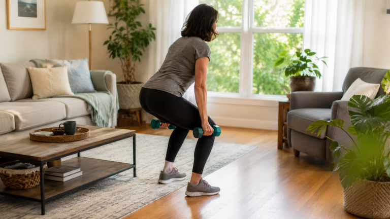Adulte faisant du renforcement musculaire avec de petits halteres dans son salon