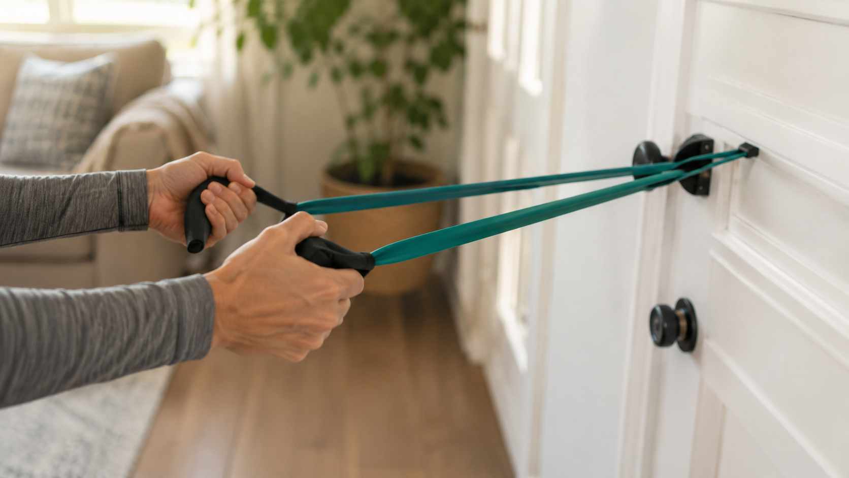 Mains tendant une bande elastique de renforcement fixee a une porte