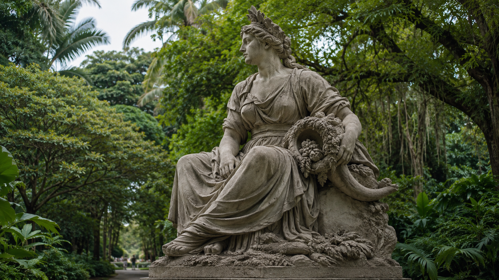 Statue monumentale en pierre d'un continent installee dans la verdure d'un jardin botanique