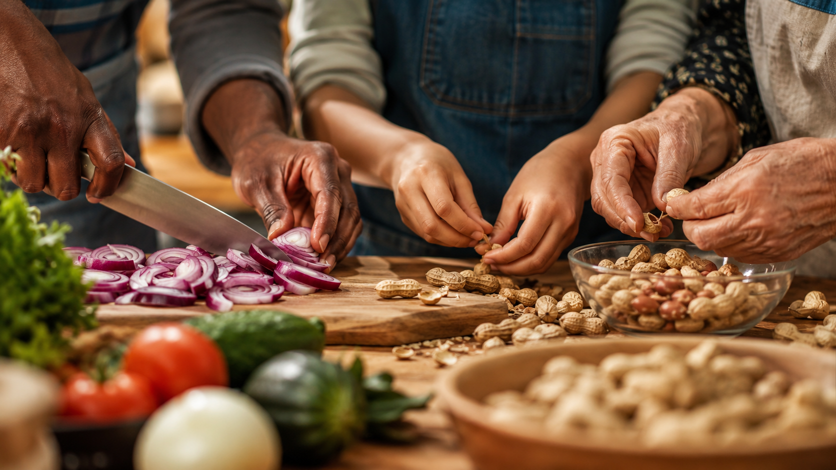 Plusieurs mains préparent ensemble des légumes et des arachides sur un plan de travail de cuisine