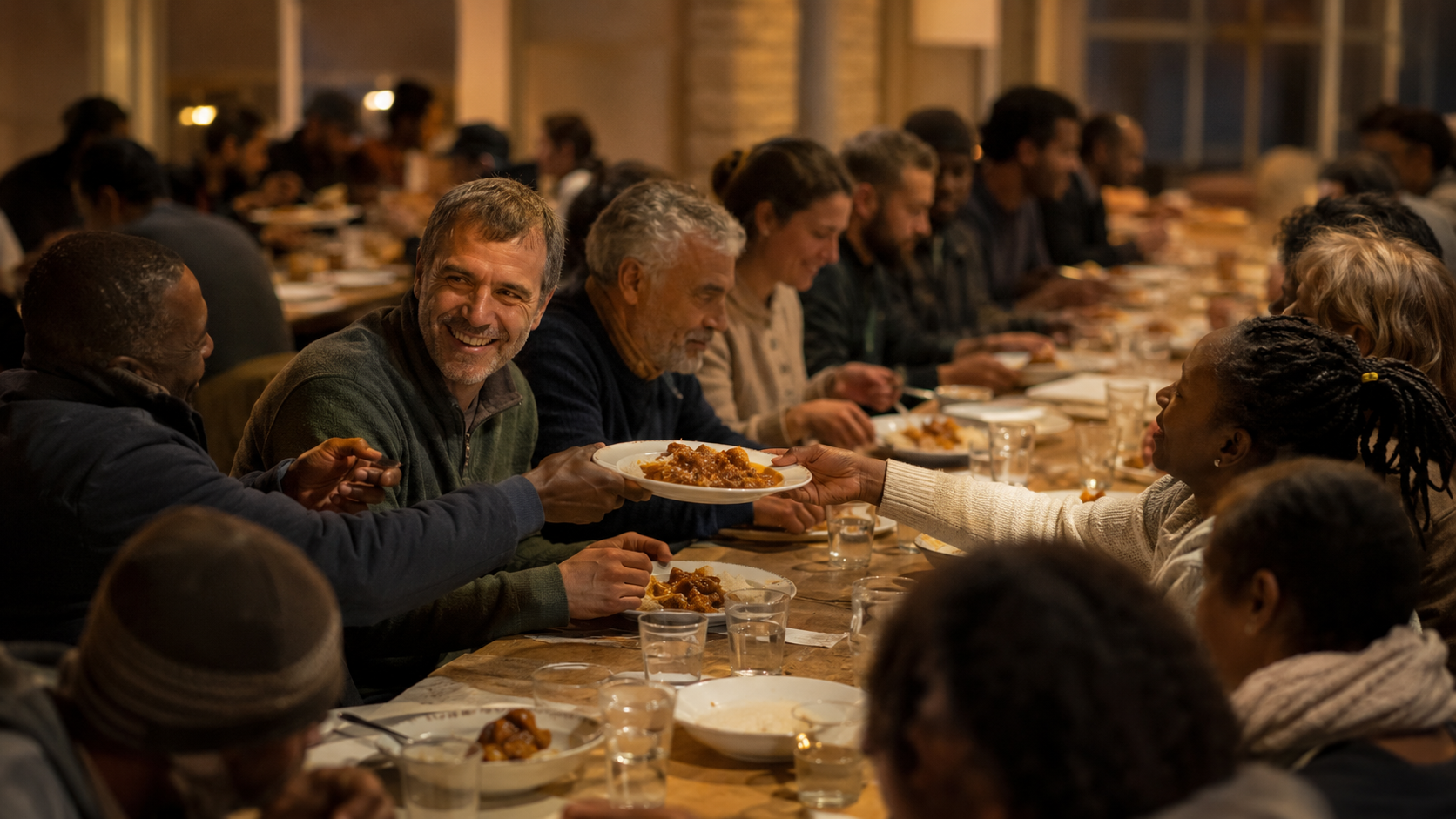Une longue tablée conviviale d'une cantine solidaire où circulent des assiettes de ragoût