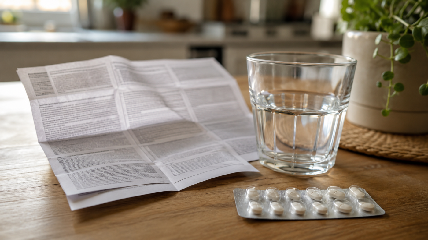 Notice de médicament dépliée sur une table de cuisine, avec un verre d'eau et une plaquette de comprimés