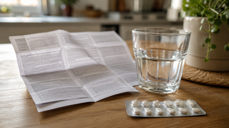 Notice de médicament dépliée sur une table de cuisine, avec un verre d'eau et une plaquette de comprimés