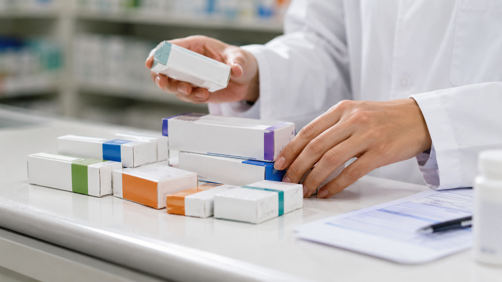 Comptoir de pharmacie avec plusieurs boîtes de médicaments alignées et une liste d'ordonnance