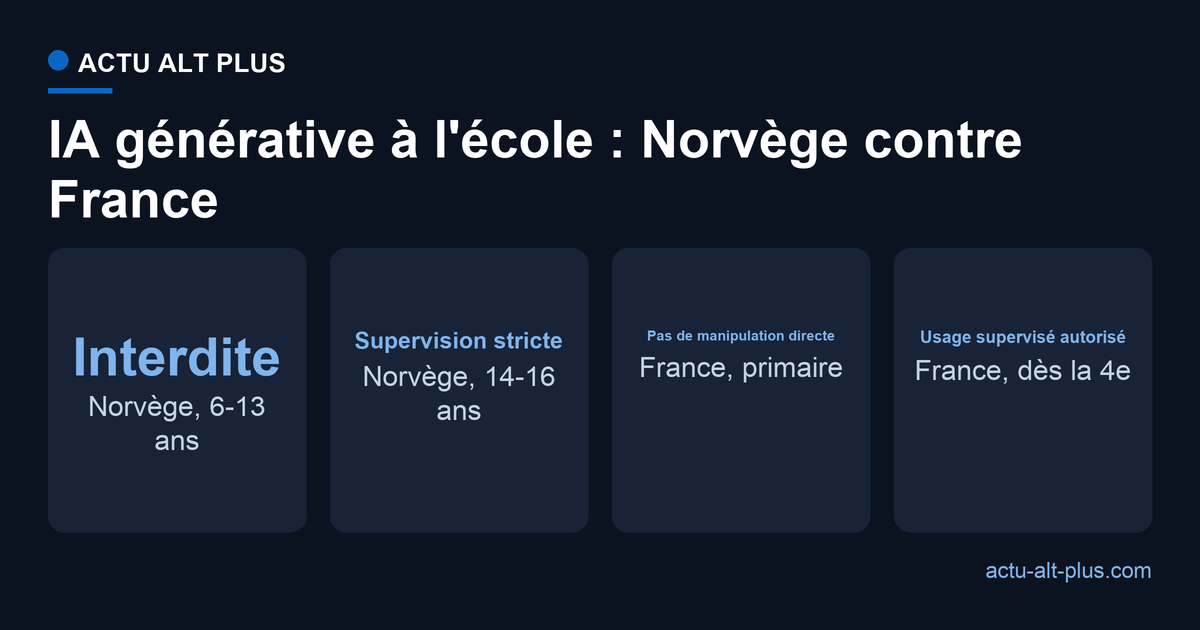 Comparaison des règles d'accès à l'IA générative à l'école : la Norvège interdit aux 6-13 ans, la France autorise un usage supervisé à partir de la quatrième