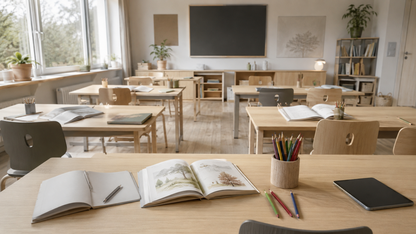 Une salle de classe primaire scandinave avec des manuels papier ouverts et une tablette éteinte repoussée sur le côté