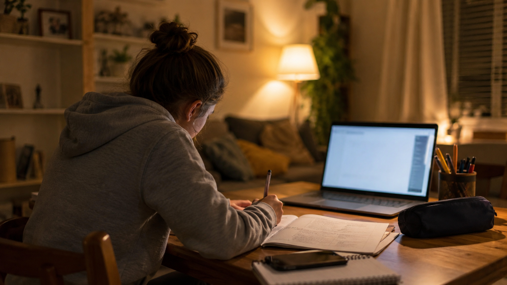 Un adolescent fait ses devoirs le soir à la maison devant un ordinateur portable allumé et un smartphone