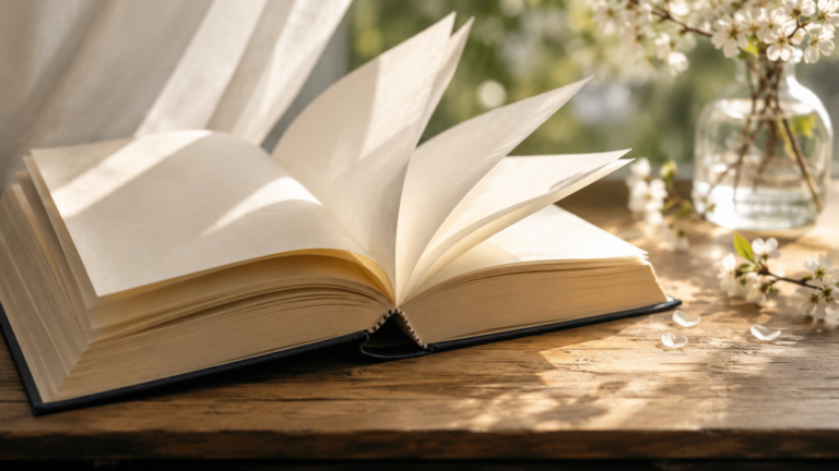 Un dictionnaire relié ouvert sur une table en bois dans une lumière douce, sans texte lisible