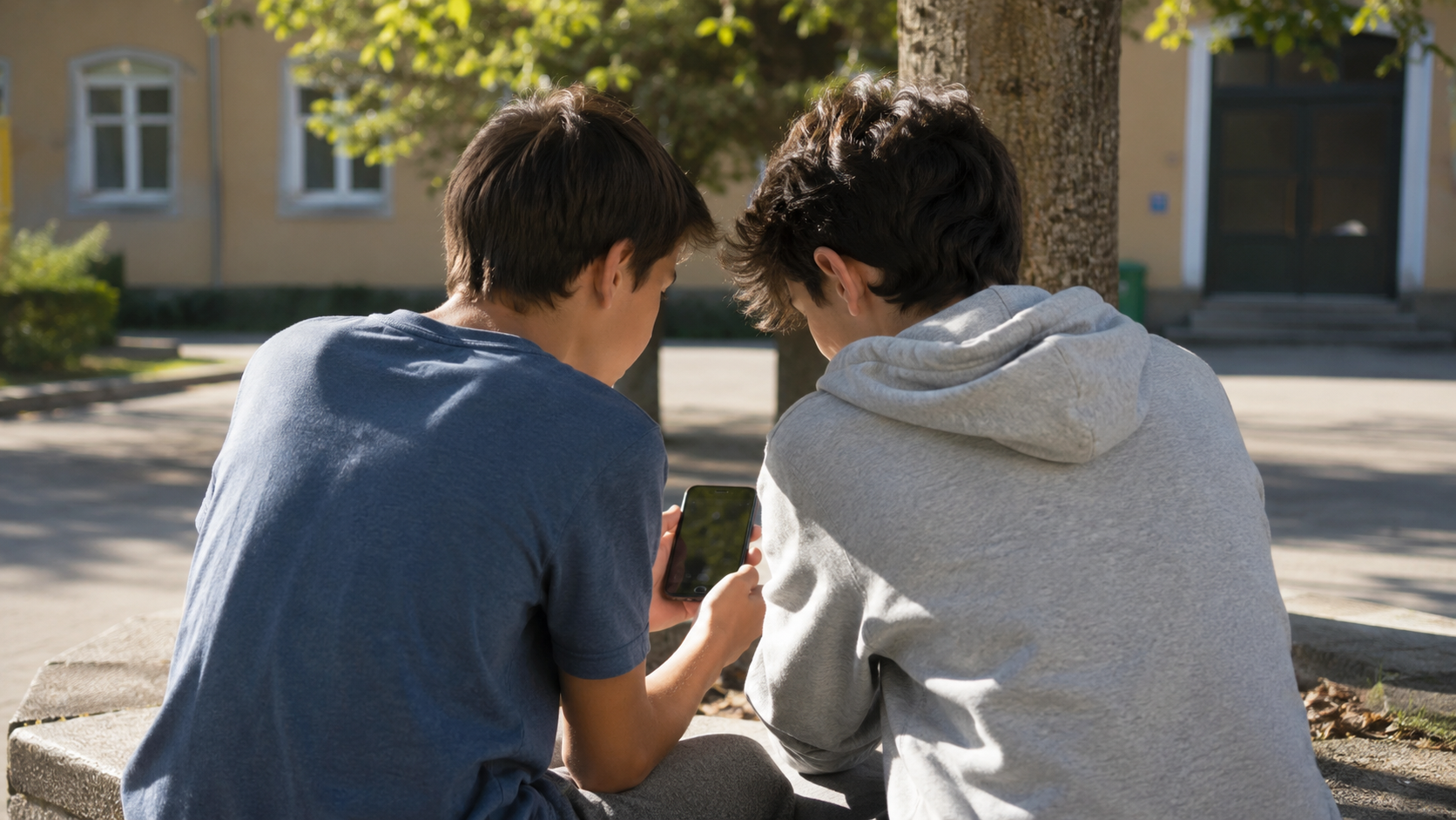 Deux adolescents de dos dans une cour ensoleillée partagent un écran de téléphone