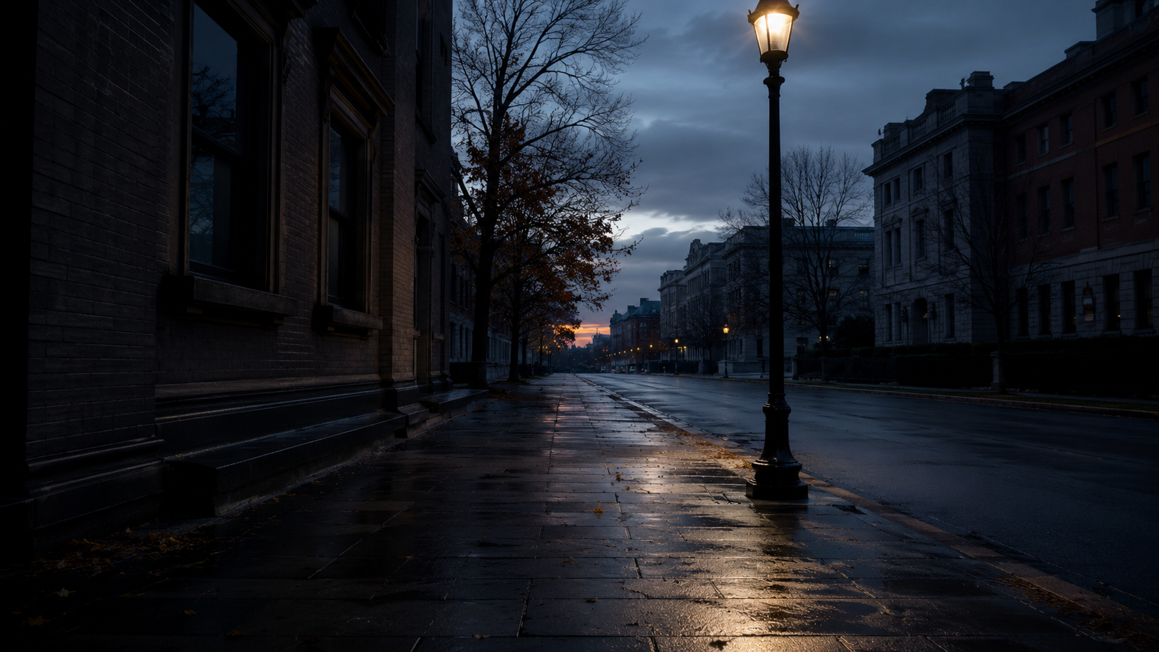 Une rue de ville déserte au crépuscule sous un lampadaire, trottoir humide