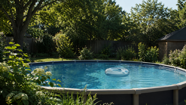 Une piscine de jardin hors-sol sous le soleil d'été, une bouée flottant seule à la surface