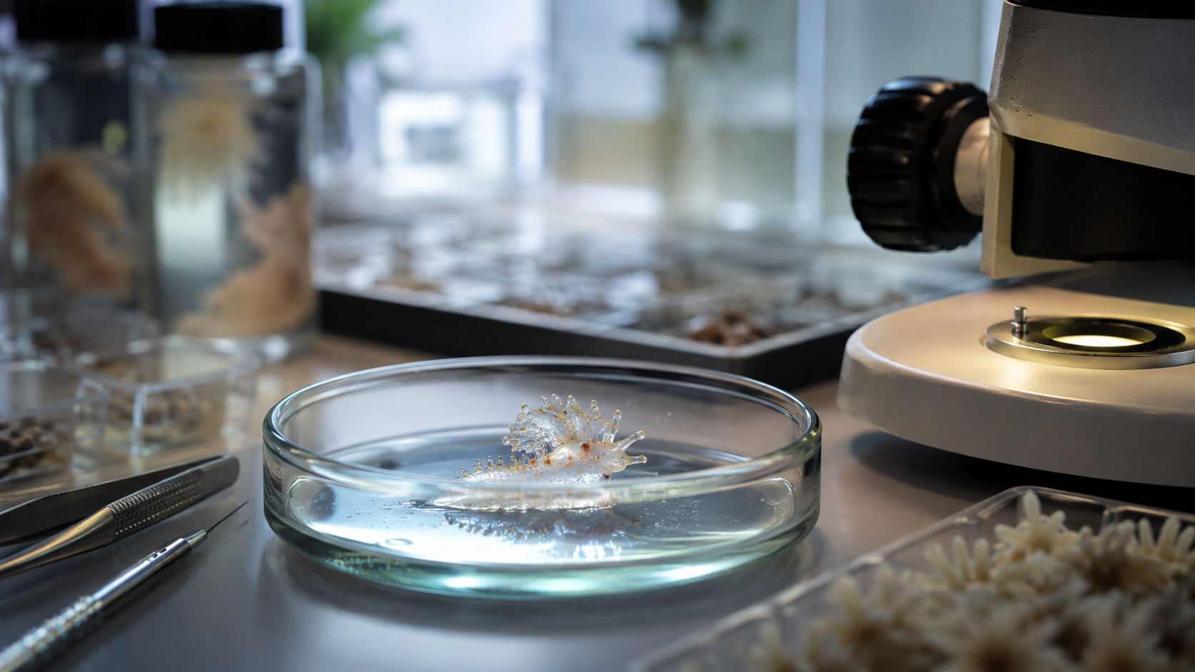 Spécimen marin translucide observé dans une coupelle de laboratoire
