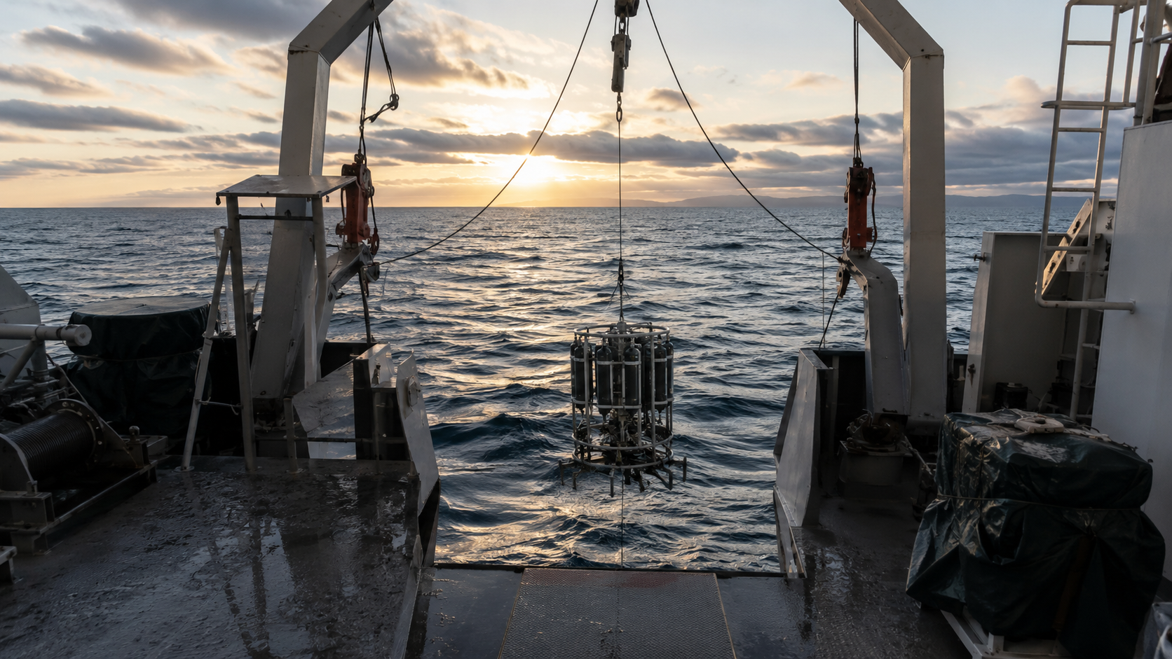 Navire scientifique au-dessus d’une mer profonde avec matériel océanographique