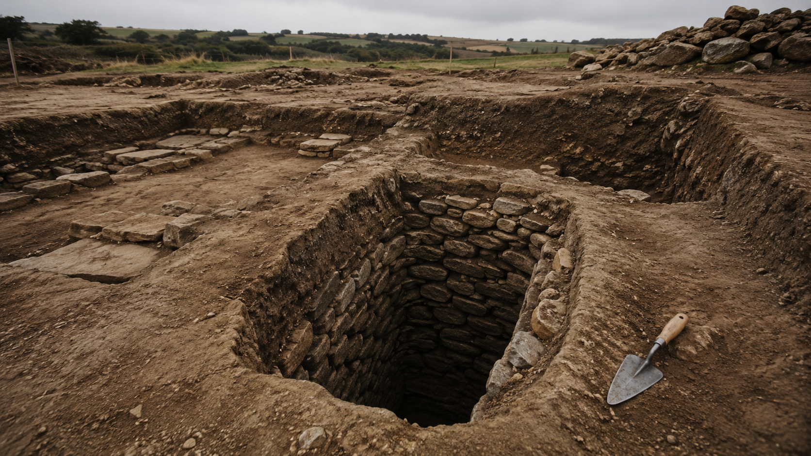 Une fosse de fouille archeologique bordee de pierres avec des couches de terre apparentes