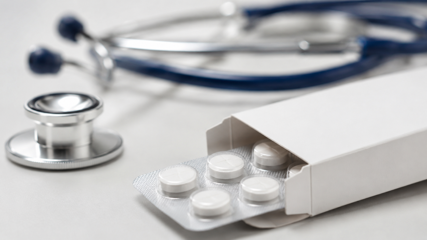 Boîte de comprimés et stéthoscope sur une surface clinique blanche