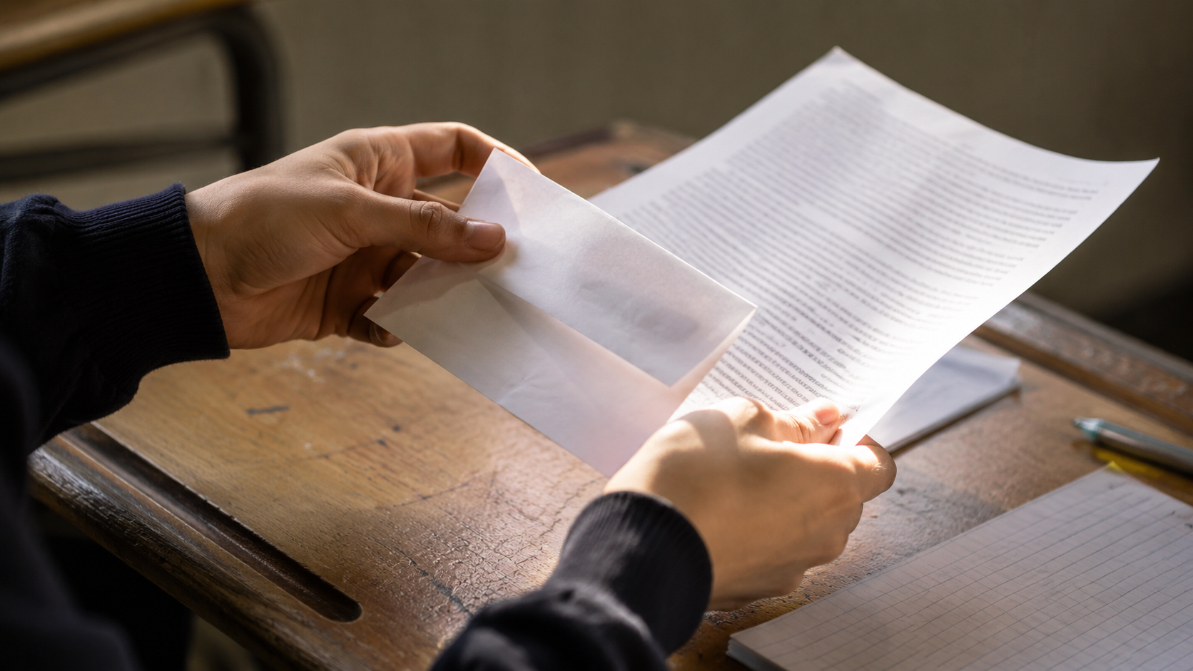 Gros plan sur les mains d'un élève tenant une fiche d'examen et un texte à expliquer