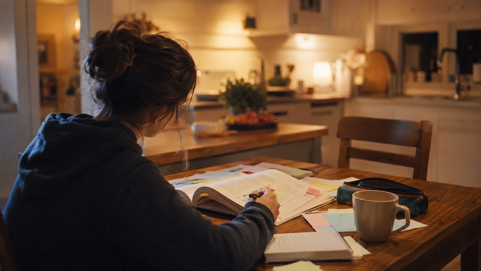 Un adolescent révise ses textes de français à la table de la cuisine, entouré de livres annotés