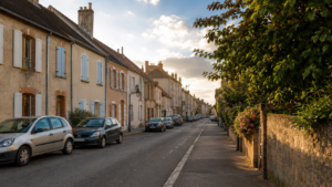Une rue résidentielle calme d'une ville moyenne française, maisons de ville à volets sous la lumière d'après-midi