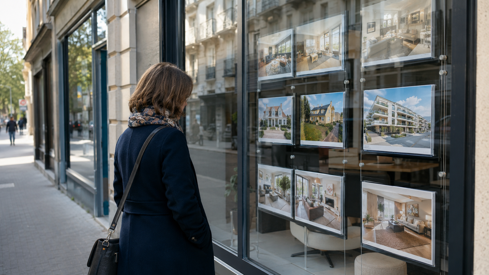 Une vitrine d'agence immobilière en ville moyenne, un passant regardant les annonces