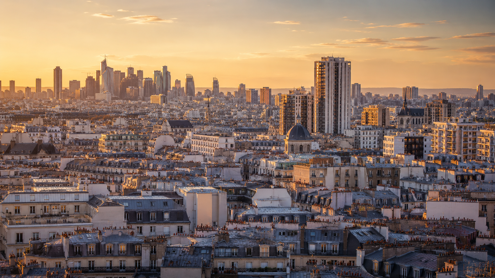 La silhouette dense d'une grande métropole française, immeubles hauts à l'heure dorée