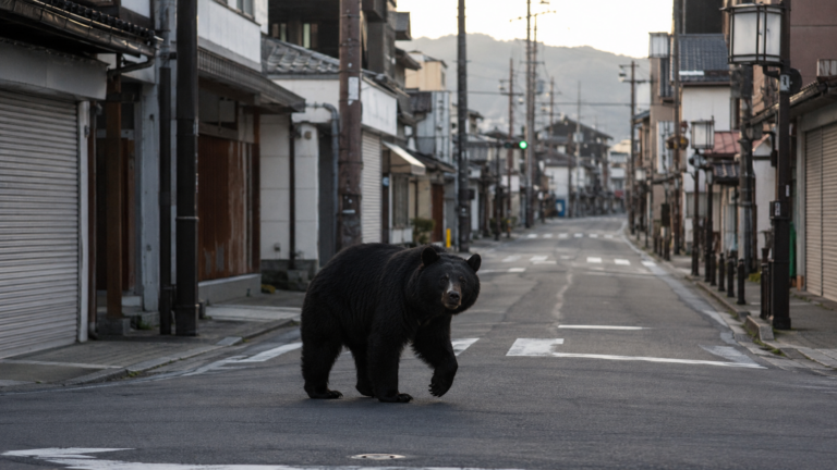 Un ours noir d'Asie au milieu d'une rue commerçante déserte d'une ville japonaise à l'aube