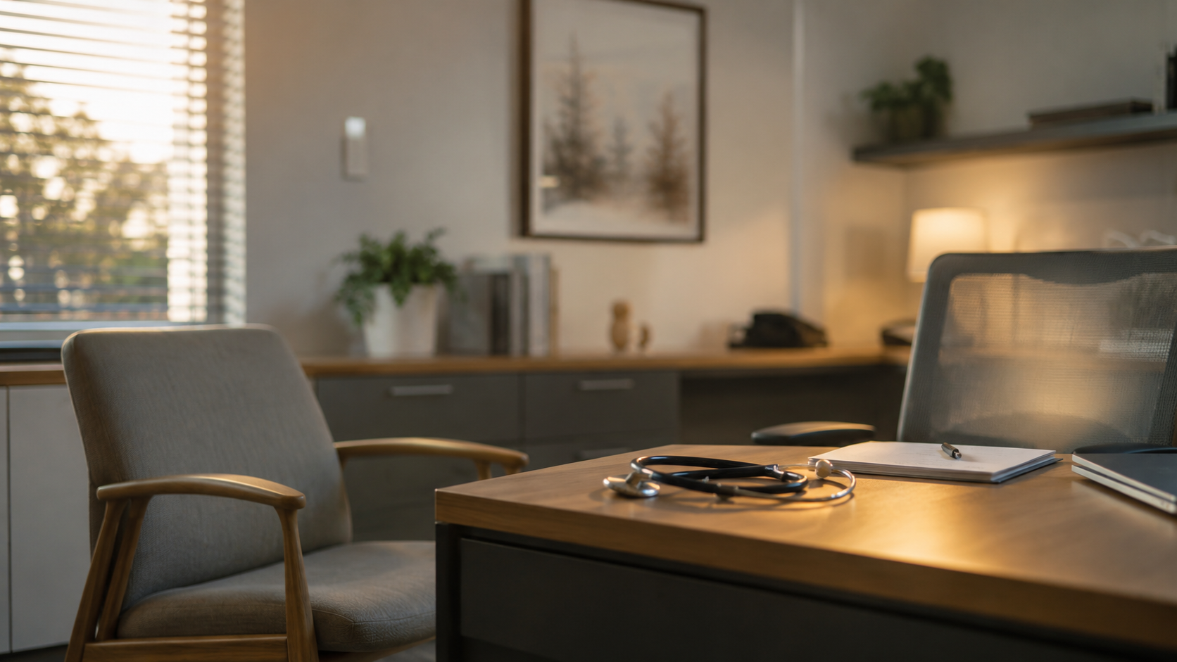 Cabinet médical calme avec chaise vide et objet médical flou