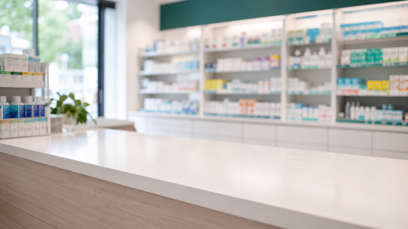 Un comptoir de pharmacie vide baigné de lumière du jour