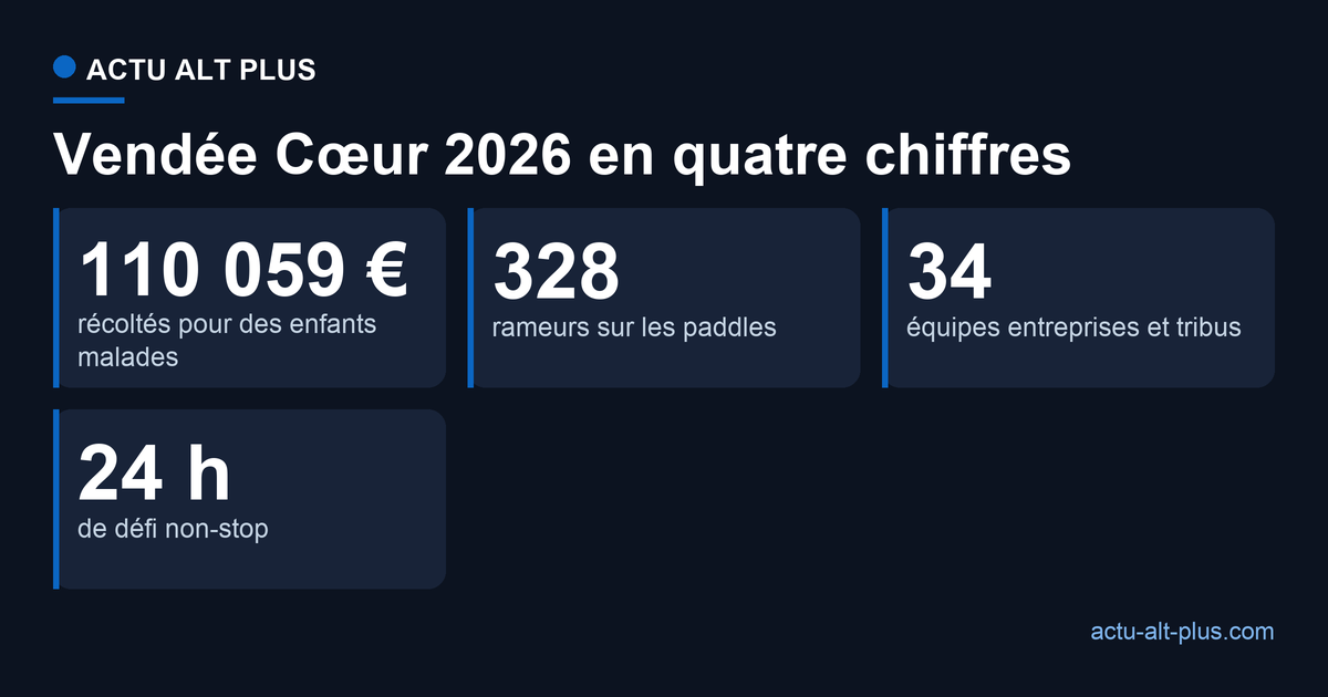 Vendée Cœur 2026 en quatre chiffres : 110 059 euros récoltés, 328 rameurs, 34 équipes, 24 heures de défi