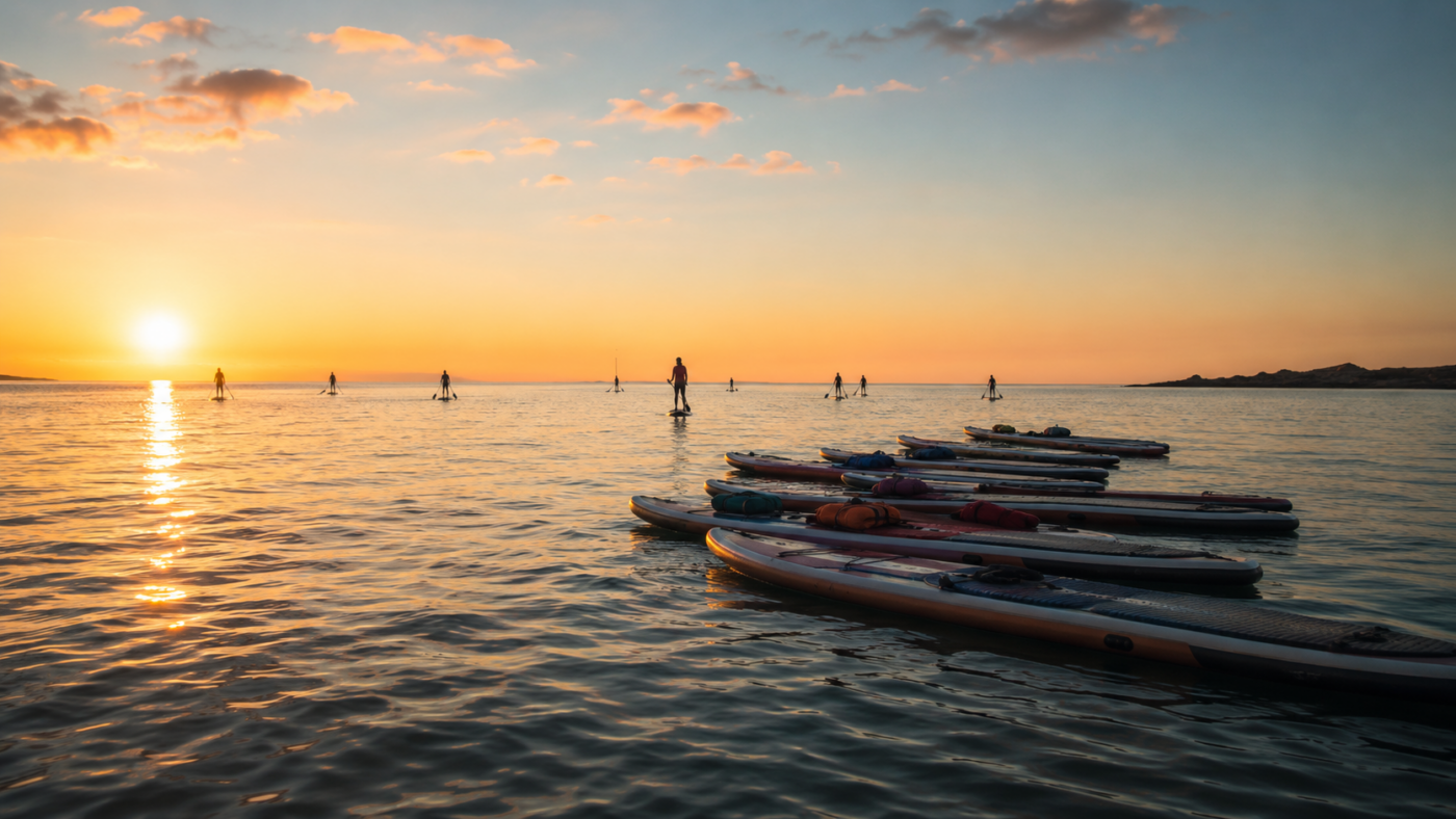 Des stand-up paddles alignés sur une eau côtière calme au lever du jour aux Sables-d'Olonne