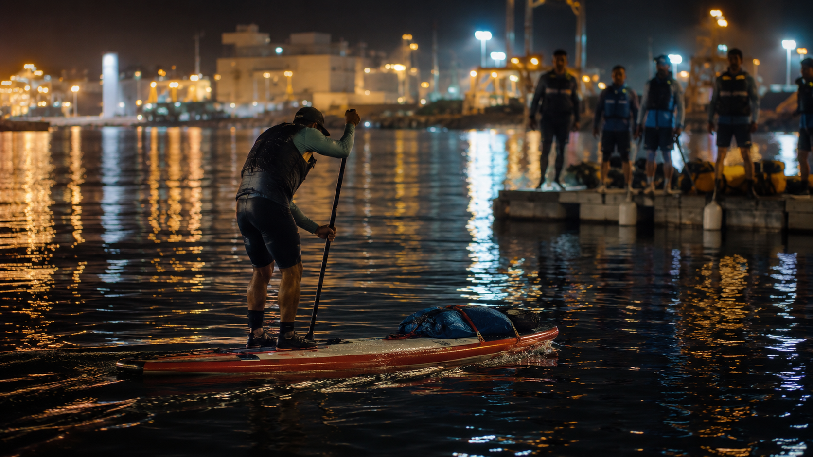Un rameur sur un paddle de nuit près d'un port éclairé, ses coéquipiers attendant sur un ponton