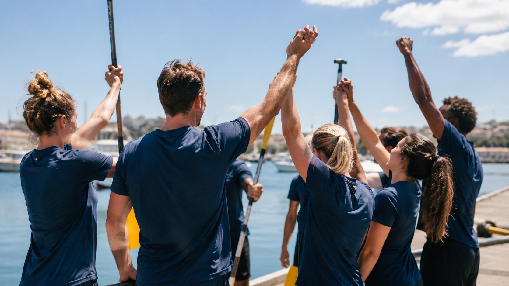 Un groupe de bénévoles en t-shirts assortis célèbre sur un quai ensoleillé après l'effort