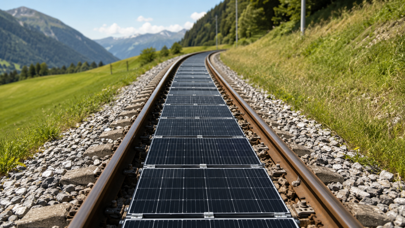 Des panneaux solaires posés entre les deux rails d'une voie ferrée en plein soleil