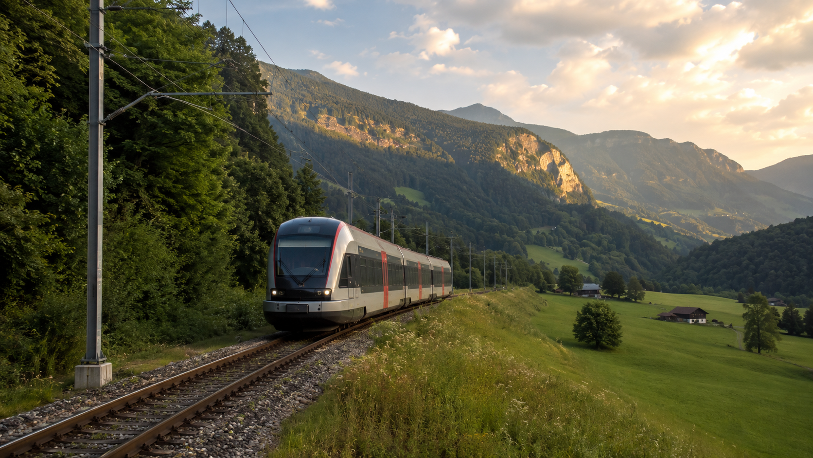 Un train régional approche sur une ligne ferroviaire rurale à voie unique