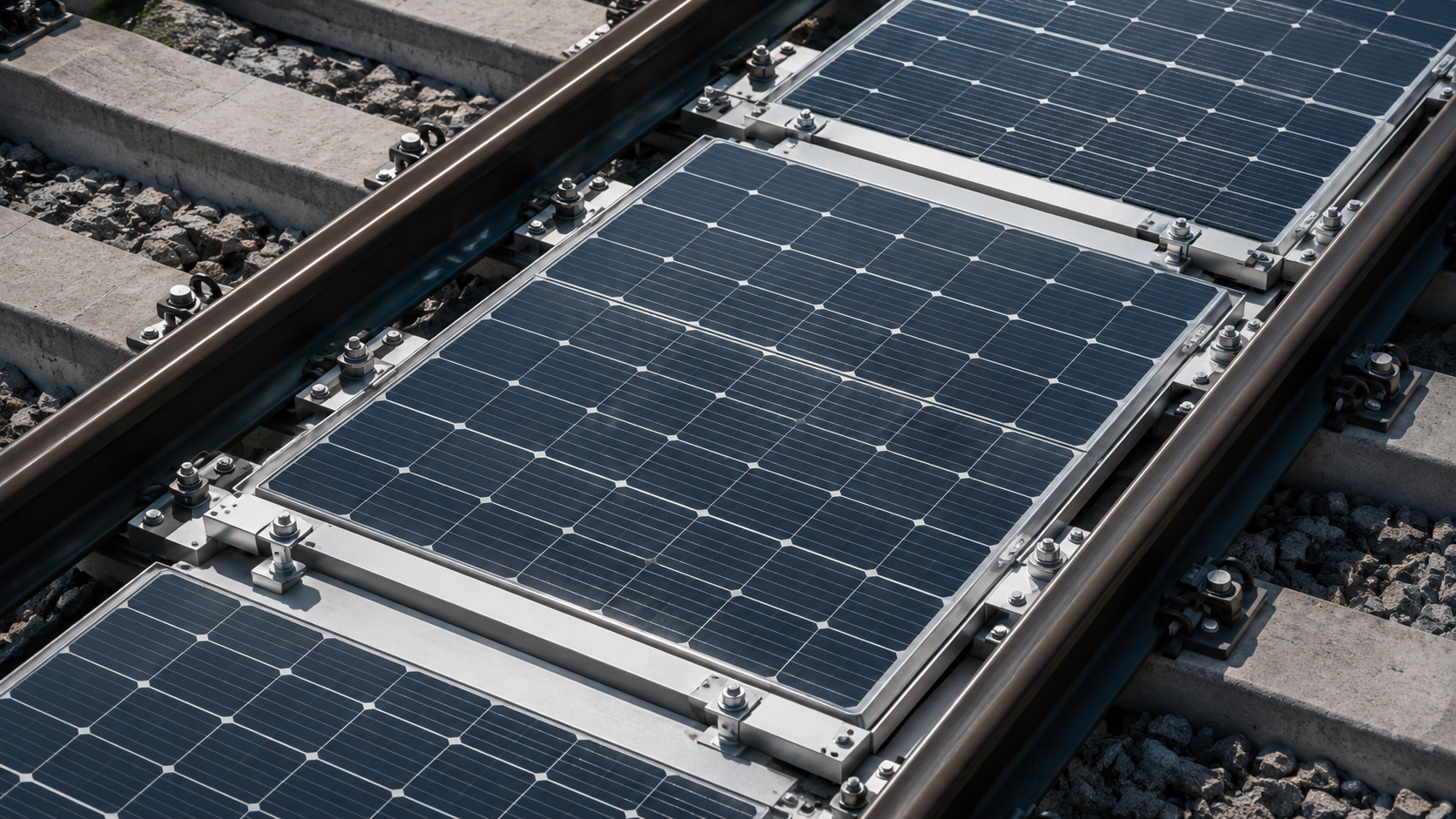 Gros plan de modules solaires fixés sur les traverses entre les rails