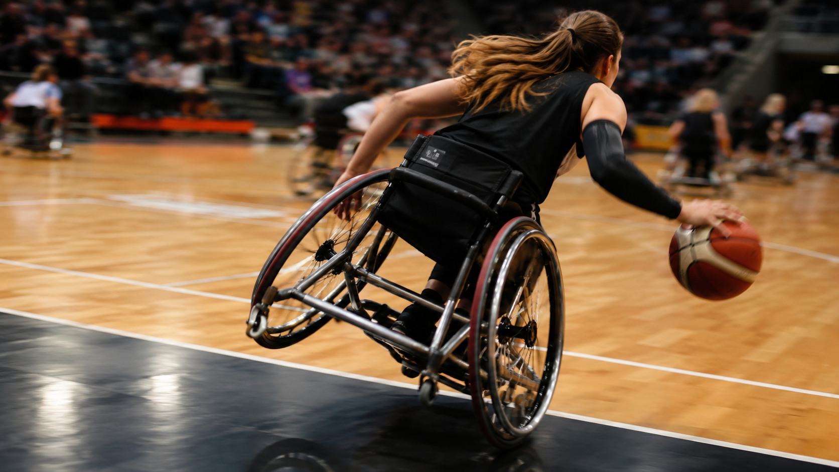 Joueuse de basket fauteuil menant le ballon en contre-attaque pendant un tournoi