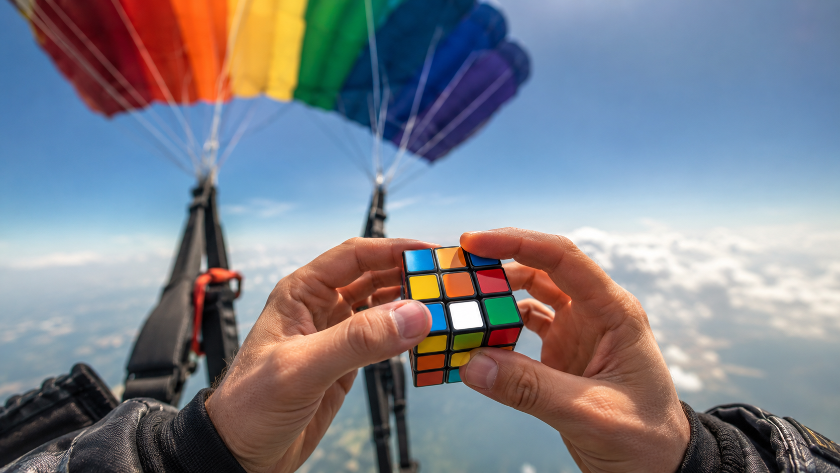 Gros plan de mains tournant un casse-tête coloré sous une voile de parachute déployée