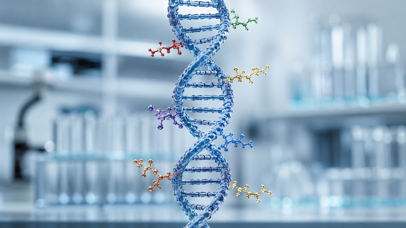 Représentation de la méthylation de l'ADN avec des groupes chimiques se fixant sur la double hélice