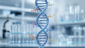 Représentation de la méthylation de l'ADN avec des groupes chimiques se fixant sur la double hélice