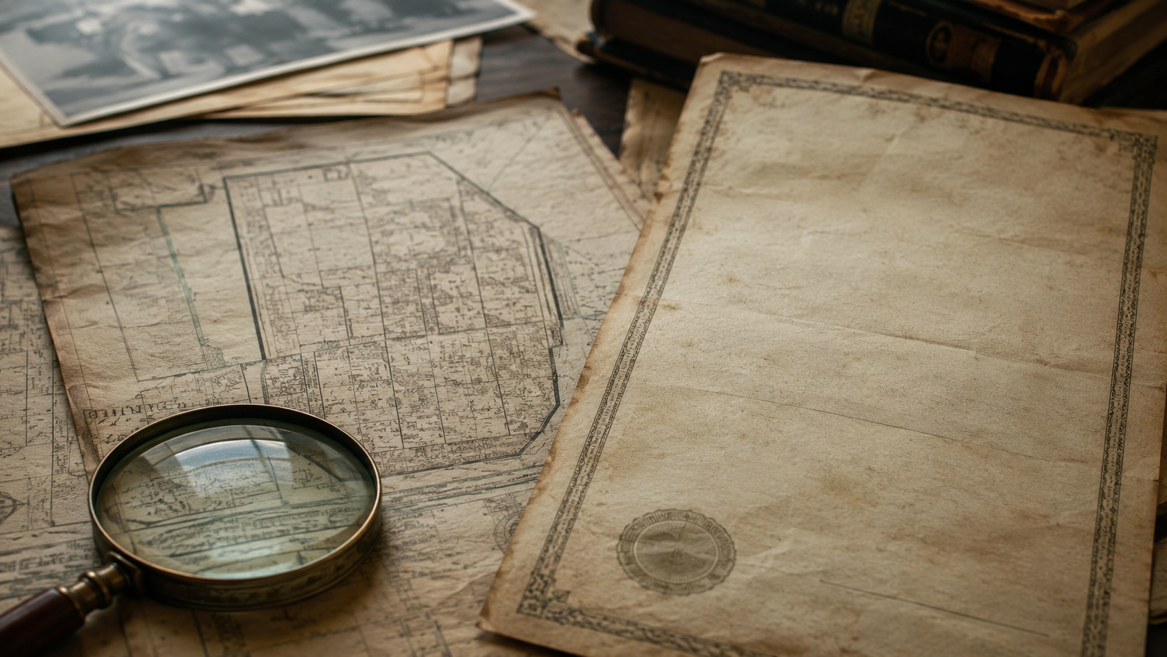Documents fonciers anciens et acte de propriété posés sur une table