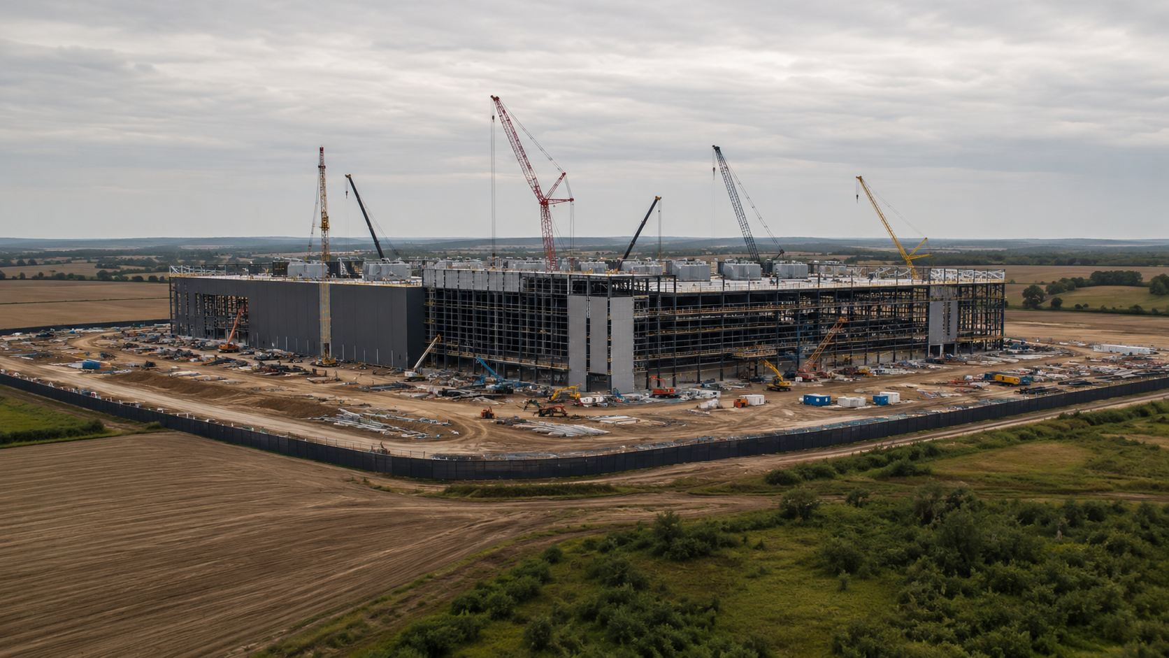 Grand data center en construction sur une parcelle déboisée, grues et clôtures de chantier